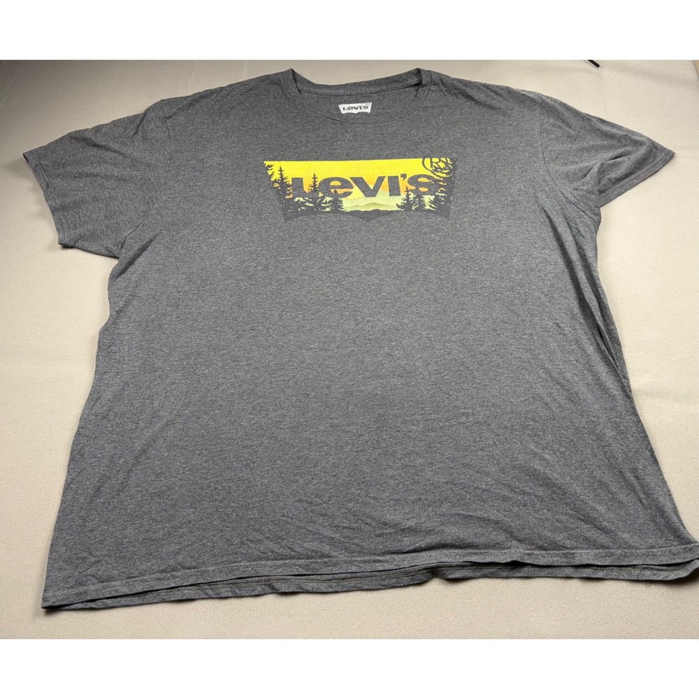 Levis Mens 2XL Graphic T-Shirt Gray Batwing Logo Mountain Forest Short Sleeve